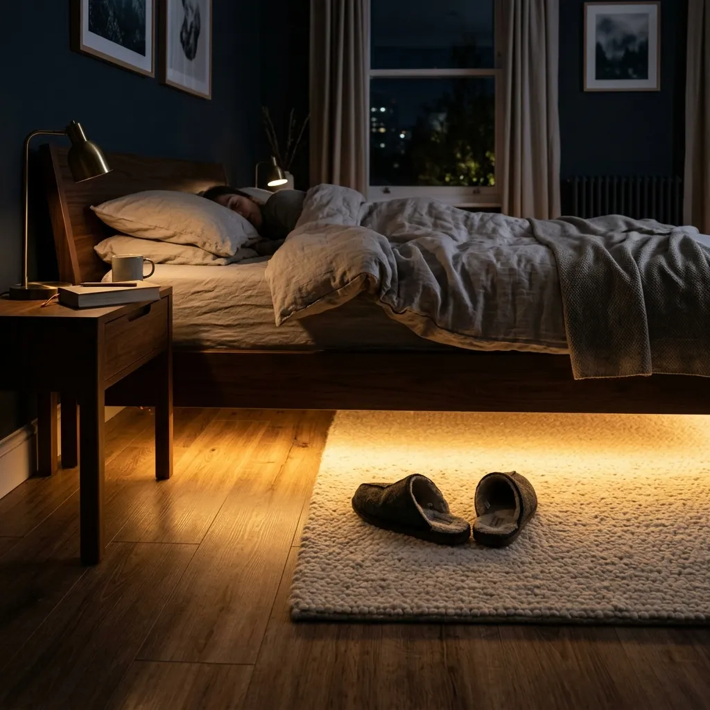 Luz suave a ras de suelo junto a la cama, encendida de noche